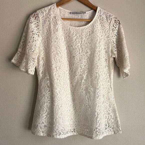 NWT Beta's Choice White Lace Short Ruffle Sleeve Lined Top Size Medium - Picture 1 of 11